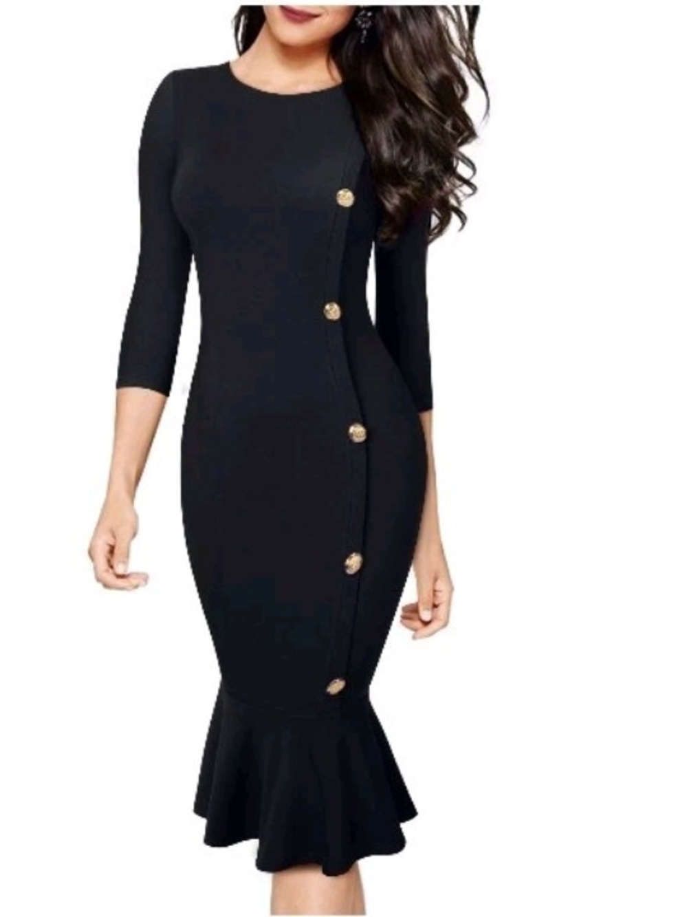 Black Office Siren Work Midi Mermaid Hem Dress With Gold Buttons